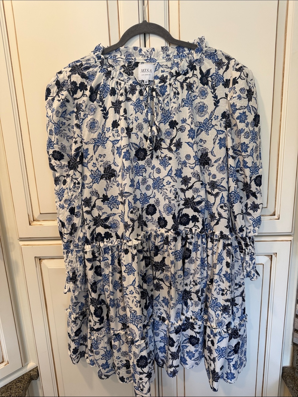 Misa Los Angeles Maya Tunic Dress Tiered Floral Ruffle Menara Blue & White- SZ M